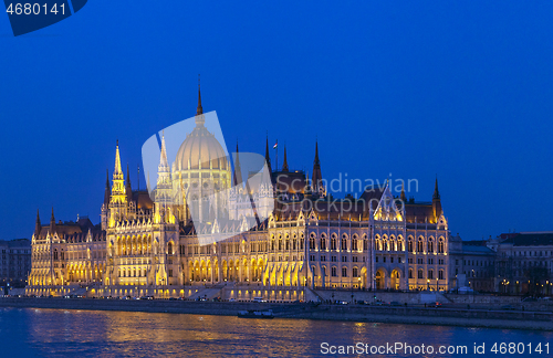 Image of Hungarian parliament in Budapest, illuminated building in the night