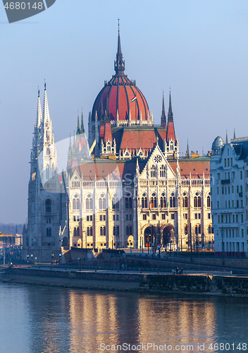 Image of Hungarian parliament in Budapest, view from other bank of Danube