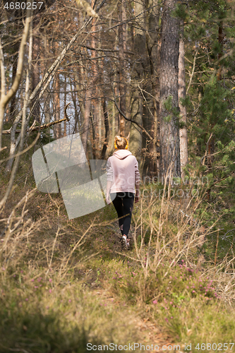 Image of Rear view of active sporty woman listening to the music while running in autumn fall forest. Female runner training outdoor. Healthy lifestyle image of young caucasian woman jogging outside