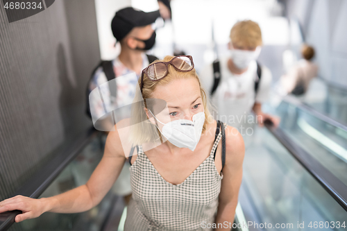 Image of Portrait of casual yound woman uses escalators in the department store wearing protective mask as protection against covid-19 virus. Incidental people on the background