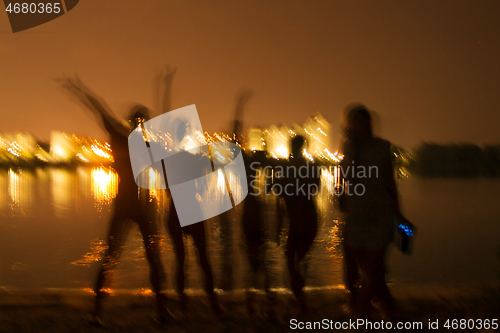 Image of People silhouettes on the night beach