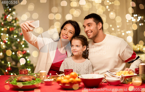 Image of happy family taking selfie at christmas dinner