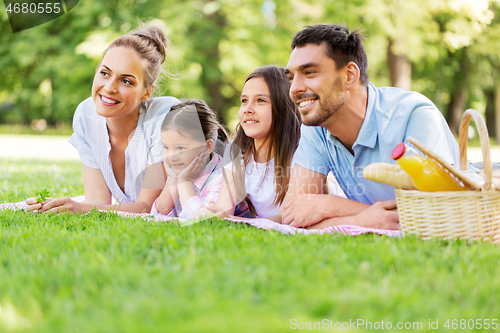 Image of family laying on picnic blanket in summer park