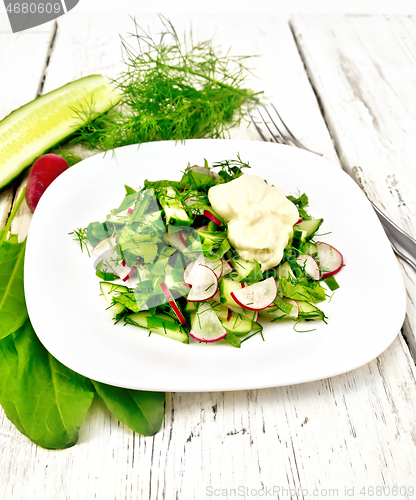 Image of Salad with radishes and sorrel in plate on table