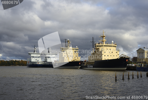 Image of Finnish icebreakers Urho and Voima at the pier in Helsinki, Finl