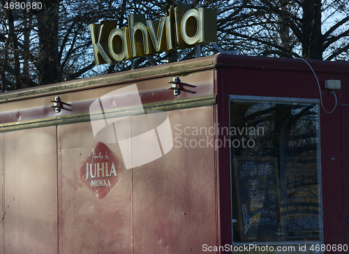 Image of closed in the fall for the winter kiosk selling ice cream and co