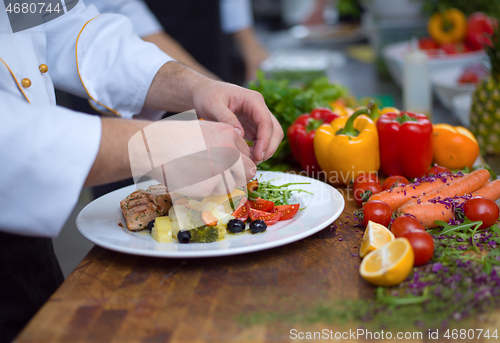 Image of cook chef decorating garnishing prepared meal