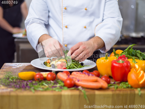 Image of cook chef decorating garnishing prepared meal