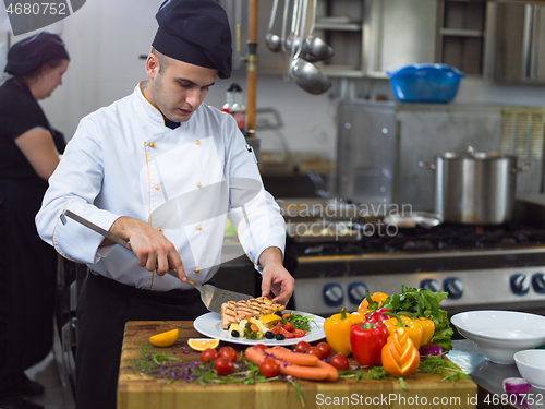 Image of cook chef decorating garnishing prepared meal