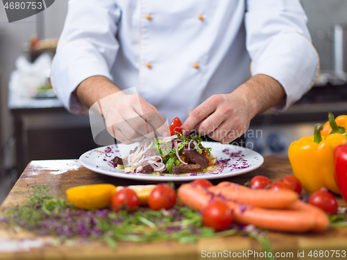 Image of cook chef decorating garnishing prepared meal