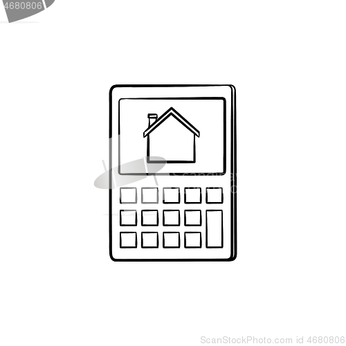 Image of Calculator with house symbol hand drawn outline doodle icon.