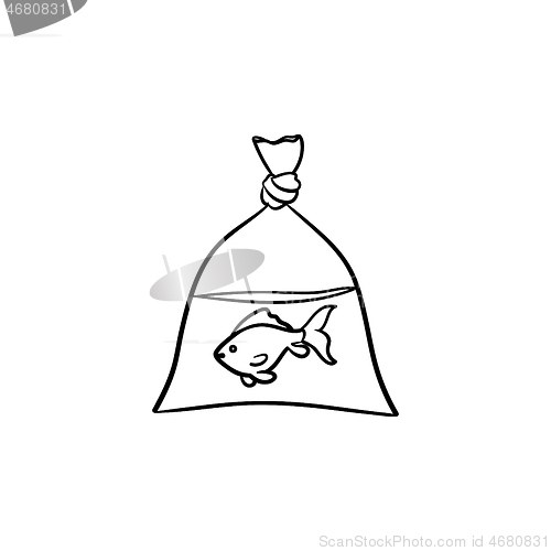 Image of A fish in the plastic bag hand drawn outline doodle icon.