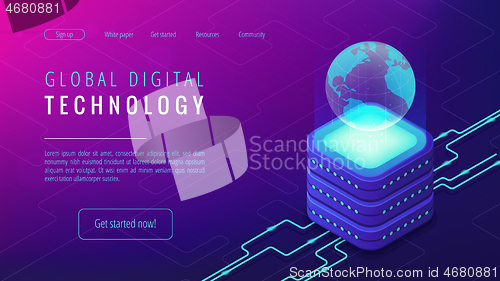 Image of Isometric global digital technology landing page concept.
