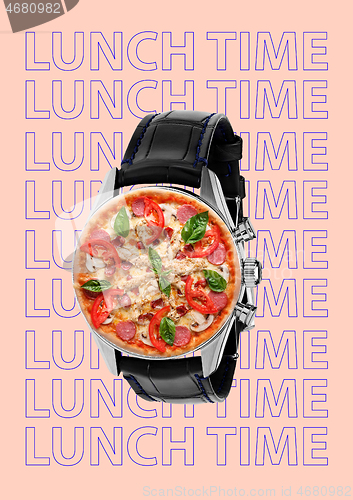 Image of Funny art collage. Pizza with wristwatch.