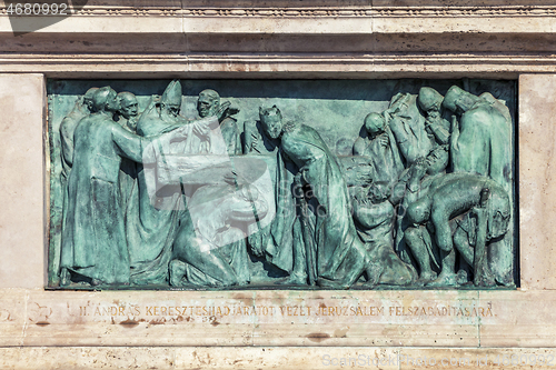 Image of Budapest, HUNGARY - FEBRUARY 15, 2015 - Bronze bas-relief of memorial in Heroes square