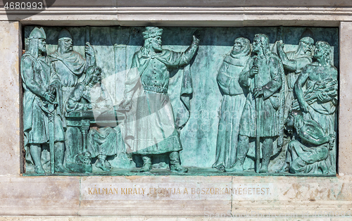 Image of Budapest, HUNGARY - FEBRUARY 15, 2015 - Bronze bas-relief of memorial in Heroes square