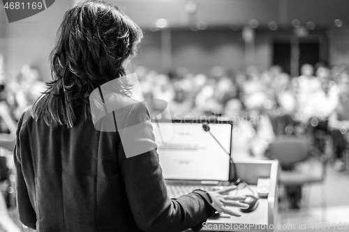 Image of Public speaker giving talk at Business Event.