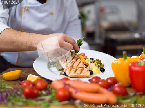 Image of cook chef decorating garnishing prepared meal