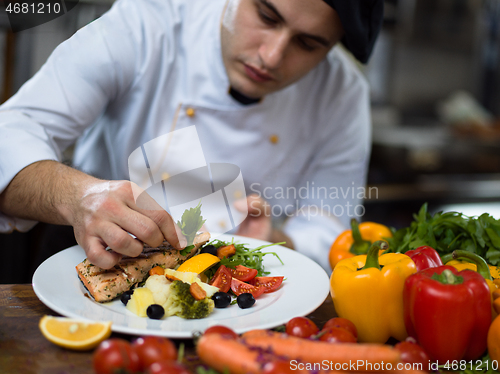 Image of cook chef decorating garnishing prepared meal