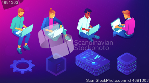 Image of Isometric people with laptops and technology elements set.