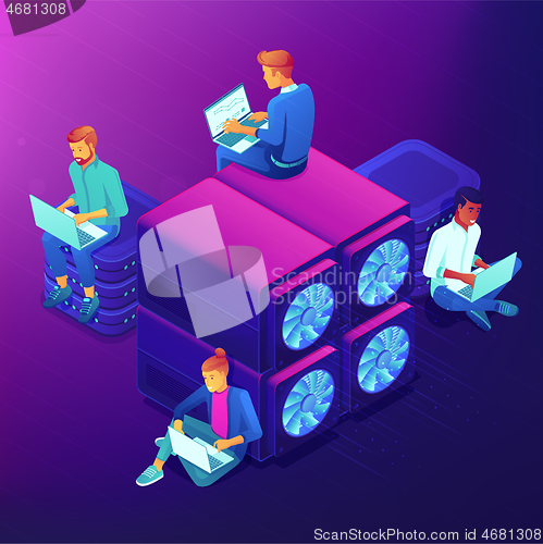 Image of Blockchain and mining isometric concept.