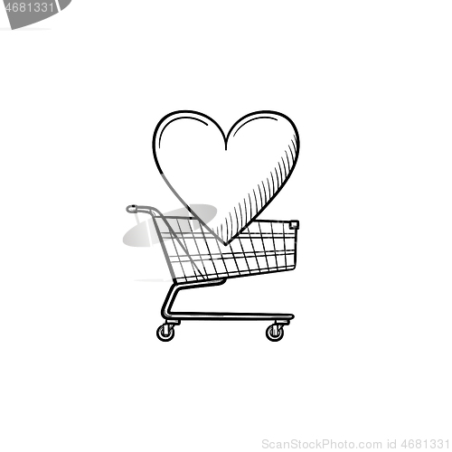 Image of Shopping cart with heart hand drawn outline doodle icon.