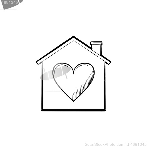 Image of House with heart hand drawn outline doodle icon.