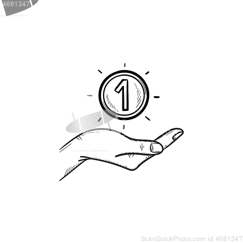 Image of Hand and one coin hand drawn outline doodle icon.
