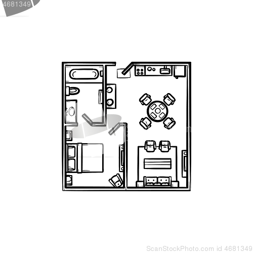 Image of Floor plan with furniture hand drawn outline doodle icon.