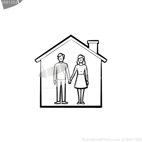 Image of House with couple hand drawn outline doodle icon.