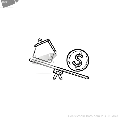 Image of House and dollar on seesaw hand drawn outline doodle icon.