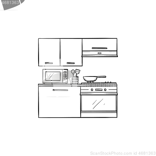 Image of Kitchen interior and appliances hand drawn outline doodle icon.