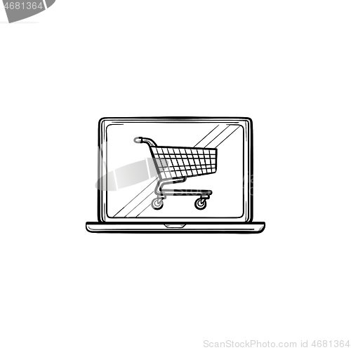 Image of Laptop with shopping cart on screen hand drawn outline doodle icon.