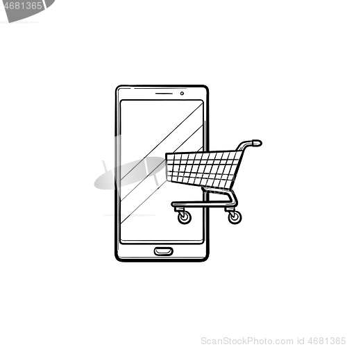 Image of Shopping on smart phone hand drawn outline doodle icon.