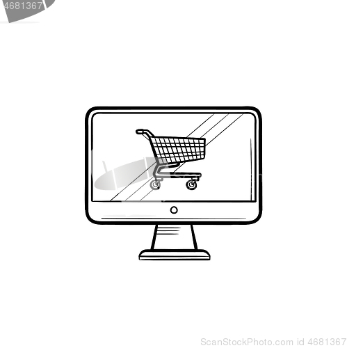 Image of Computer screen with shopping cart hand drawn outline doodle icon.