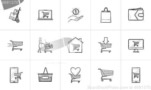 Image of Online shopping and e-commerce hand drawn outline doodle icon set.