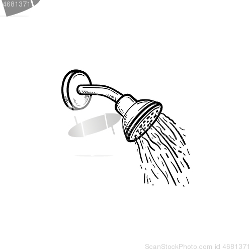 Image of Shower head with water drops hand drawn outline doodle icon.