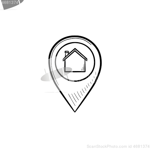 Image of Pointer with house inside hand drawn outline doodle icon.