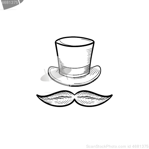 Image of Top hat with mustache hand drawn outline doodle icon.