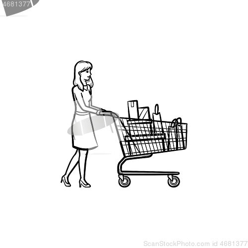 Image of Woman with shopping cart hand drawn outline doodle icon.