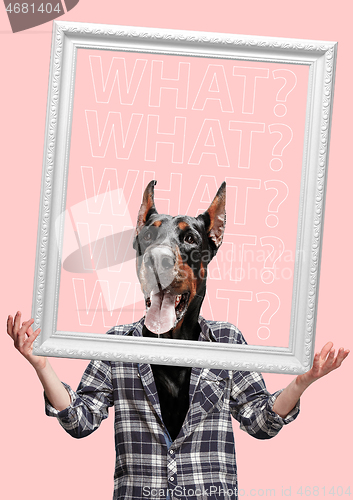 Image of Contemporary art collage or portrait of surprised dog headed man. Modern style pop art zine culture concept.