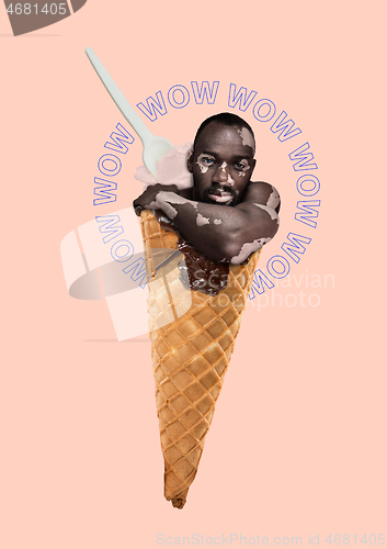 Image of Contemporary art collage. Concept ice cream on pink background.