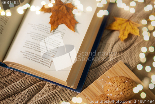 Image of book with autumn leaf and cookies on home blanket