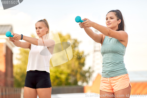 Image of women exercising with dumbbells outdoors