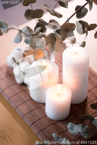 Image of candles and branches of eucalyptus on table