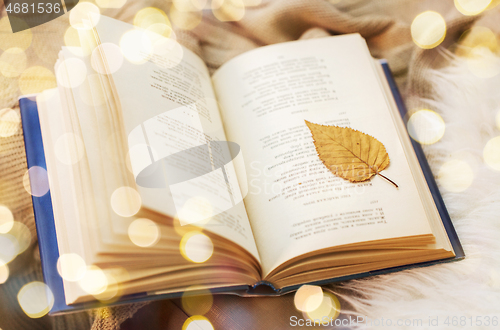 Image of book with autumn leaf on blanket at home