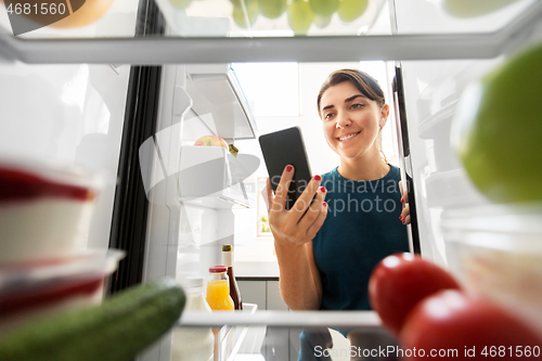 Image of woman with smartphone makes list of food in fridge