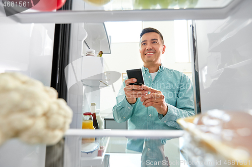 Image of man with smartphone making list of food in fridge