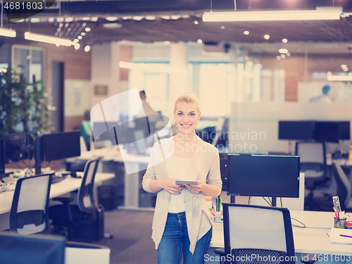 Image of Business Woman Using Digital Tablet in front of startup Office