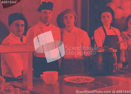 Image of chefs in the kitchen presenting dish of tasty meal